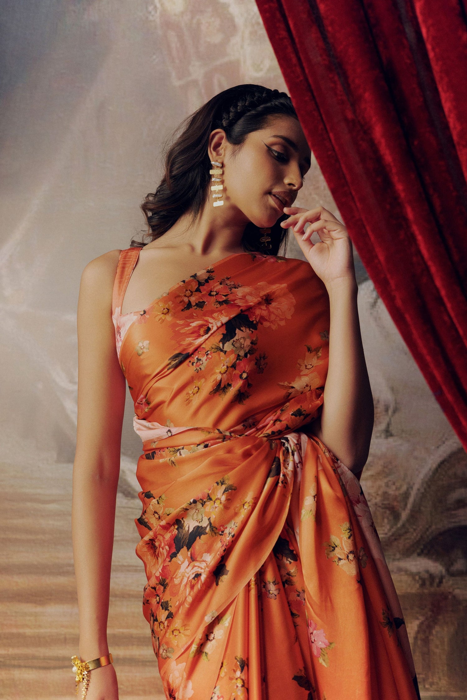 Tina Burnt Sienna Silk | Floral Print Sarees by Studio113