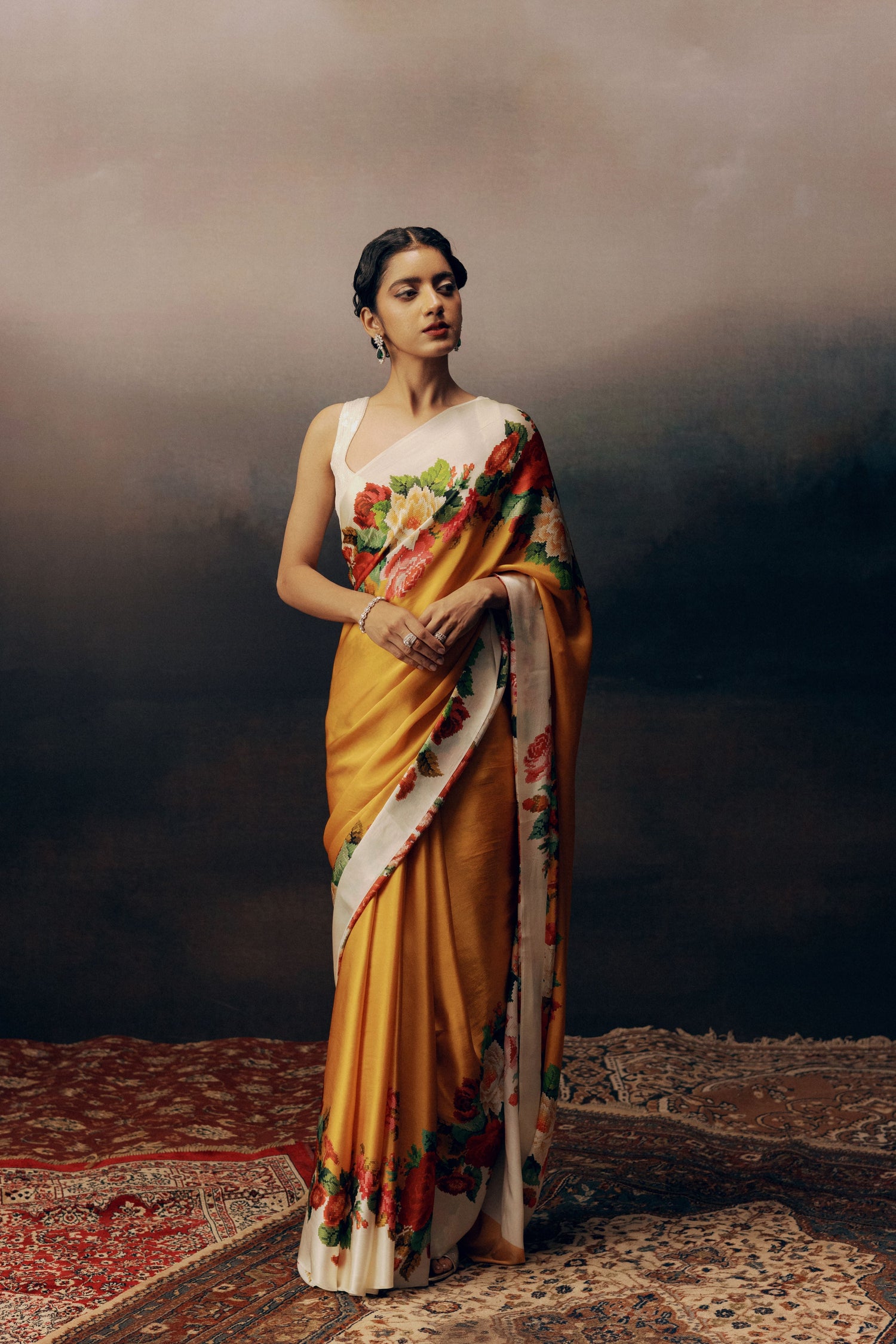 Urmila Tangerine Satin Silk Floral Saree By Premvastra