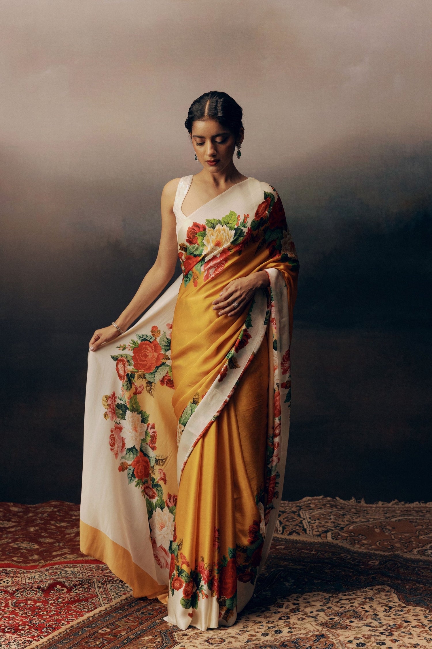 Urmila Tangerine Satin Silk Floral Saree By Premvastra