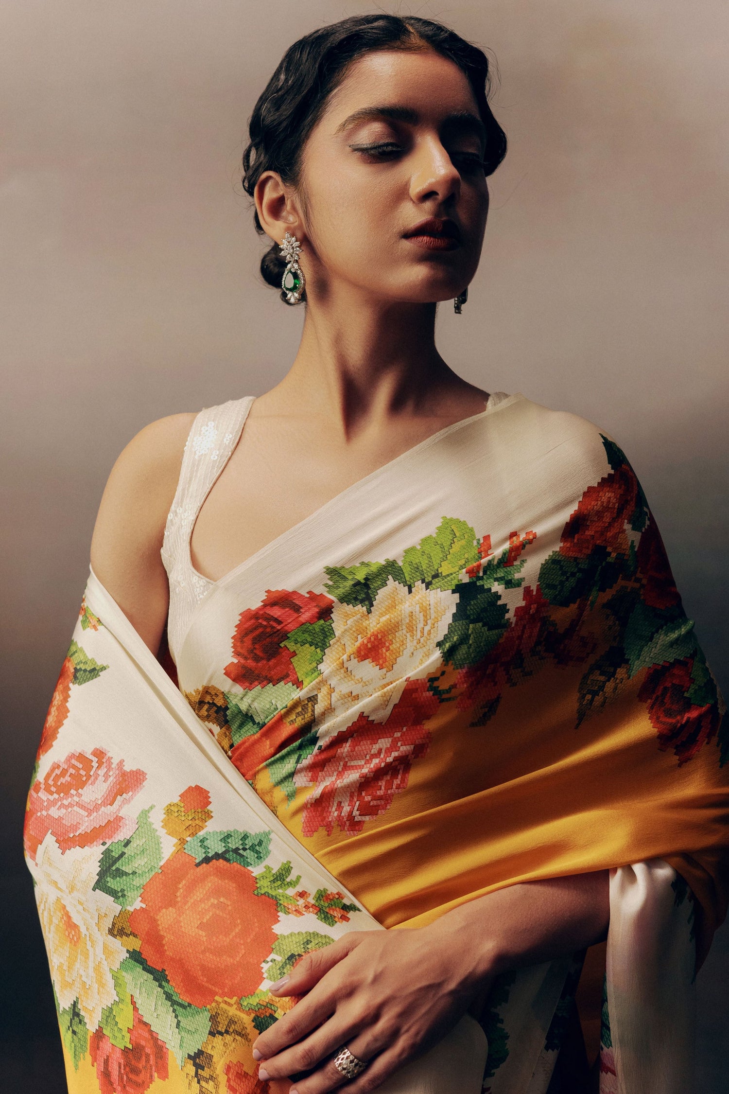 Urmila Tangerine Satin Silk Floral Saree By Premvastra