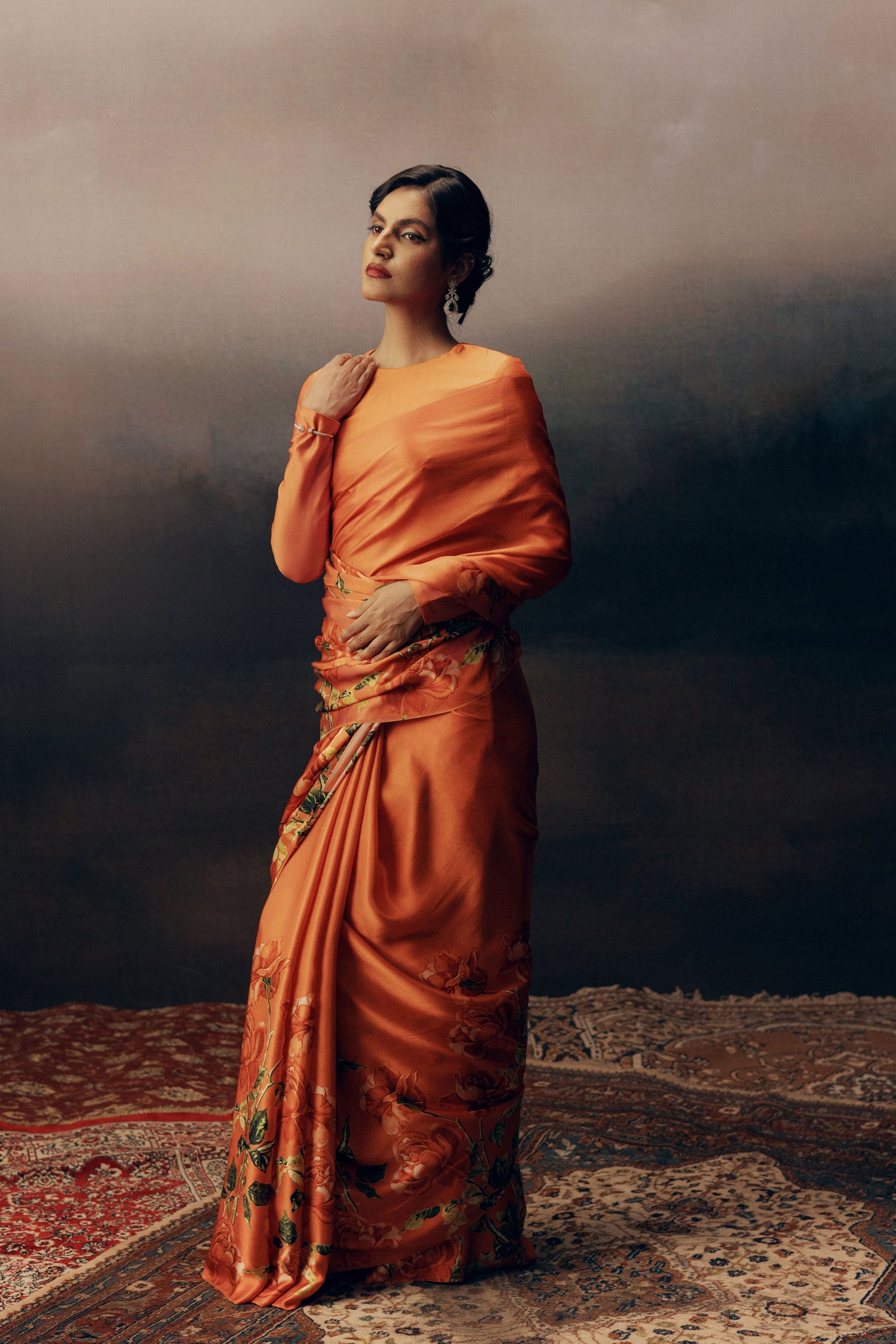Mira Burnt Sienna Satin Silk Saree | Shop Floral Saree