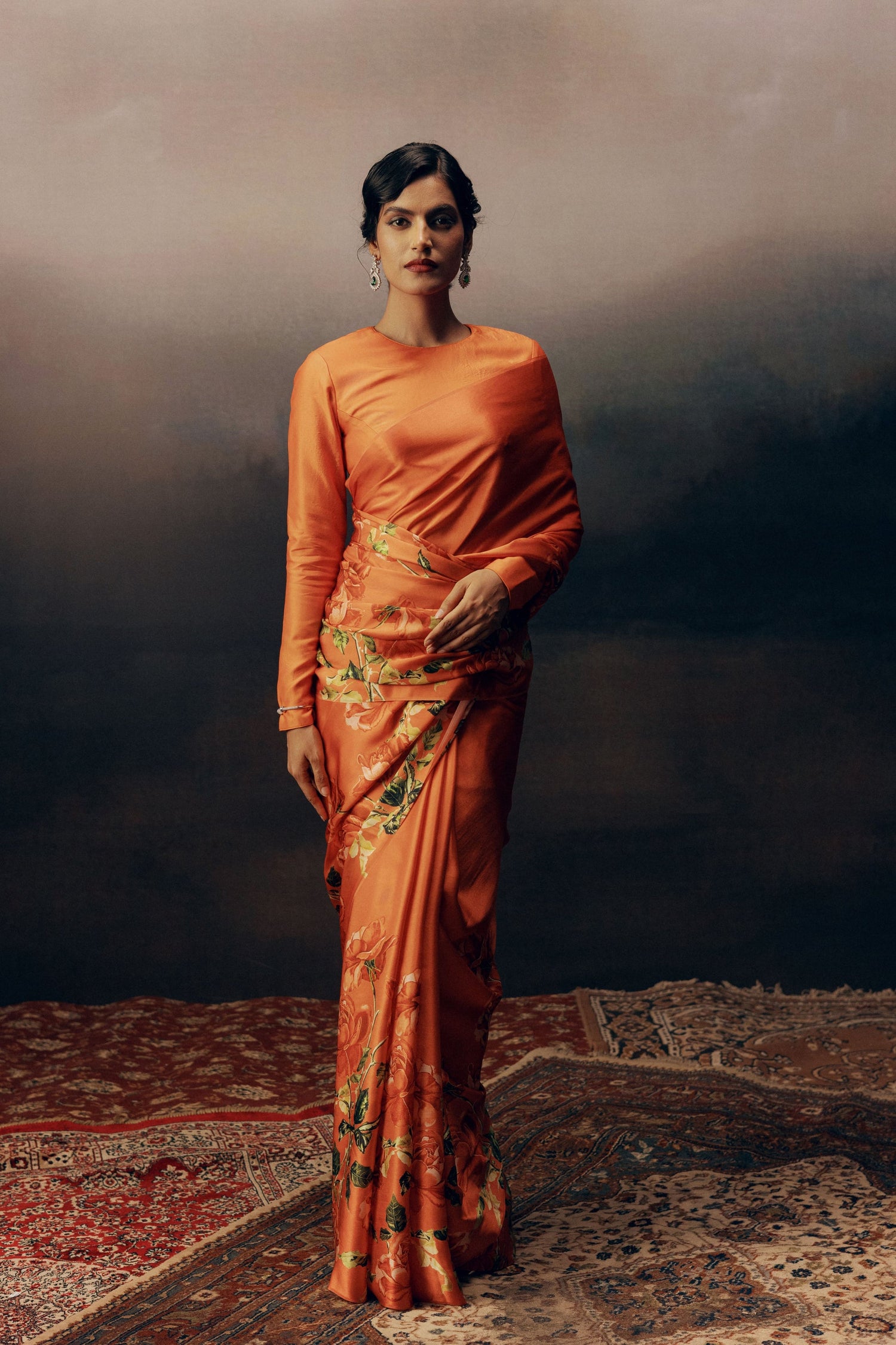 Mira Burnt Sienna Satin Silk Saree | Shop Floral Saree