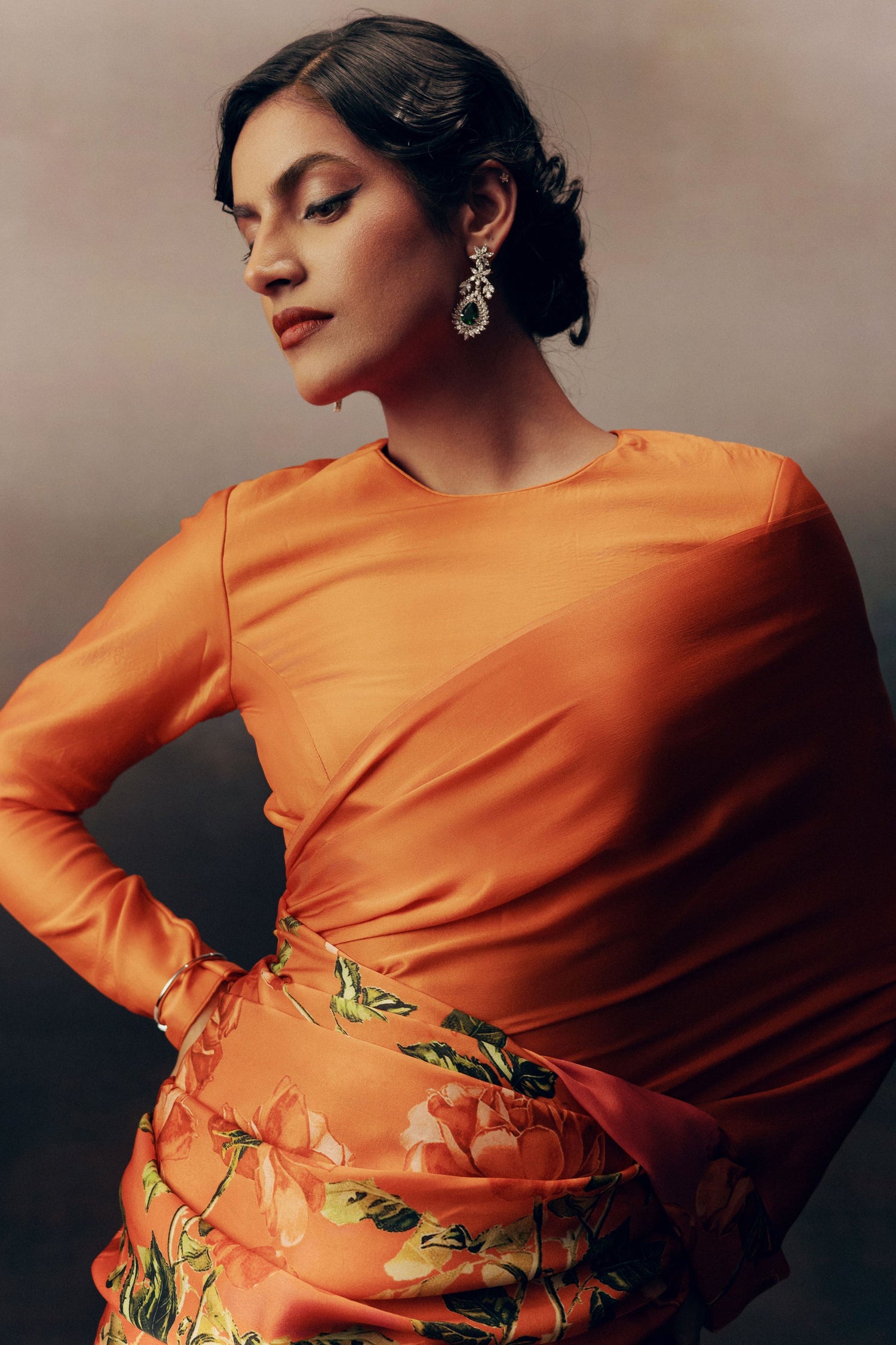 Mira Burnt Sienna Satin Silk Saree | Shop Floral Saree