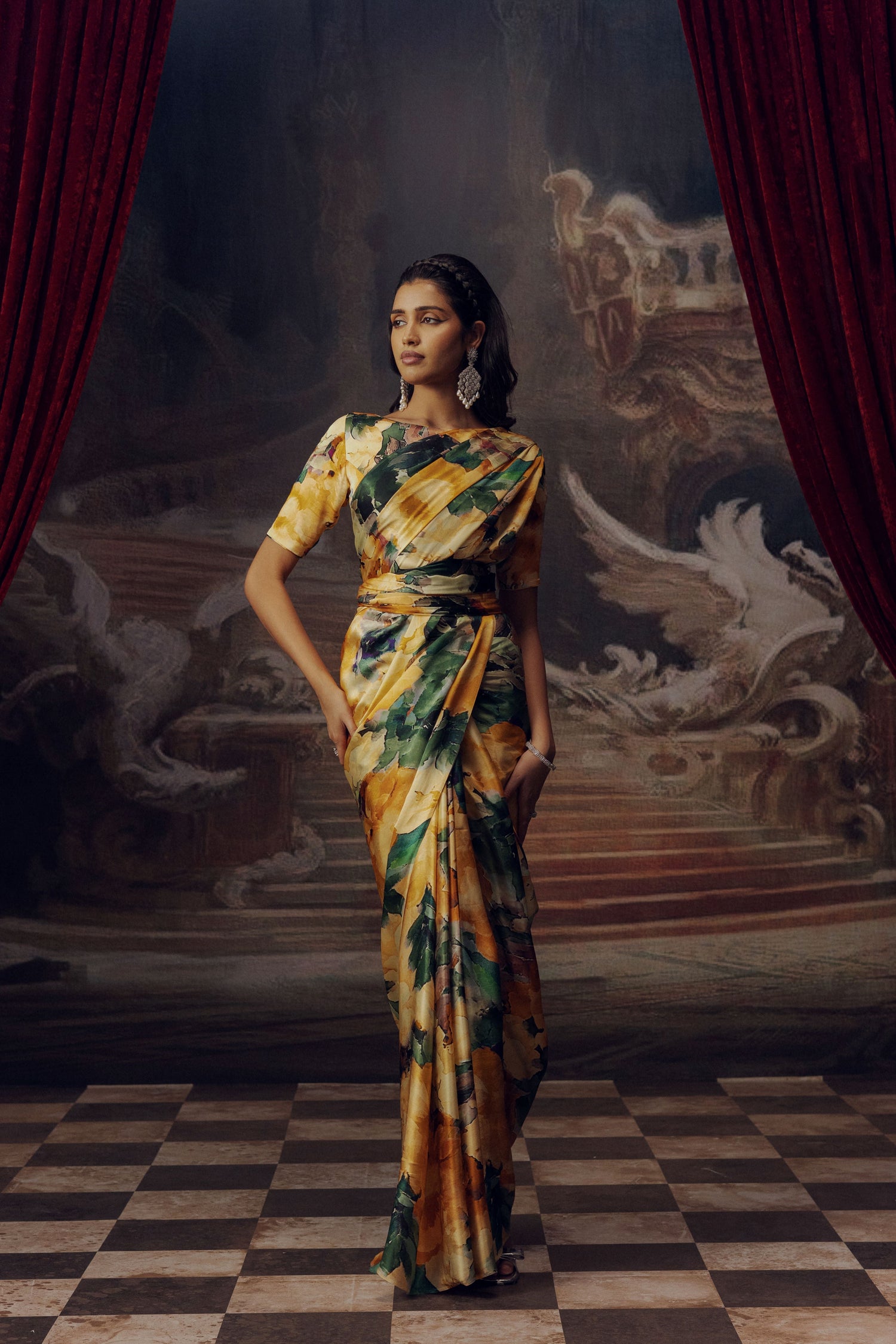 Ruby Apricot Satin Silk Cocktail Saree Online at Premvastra