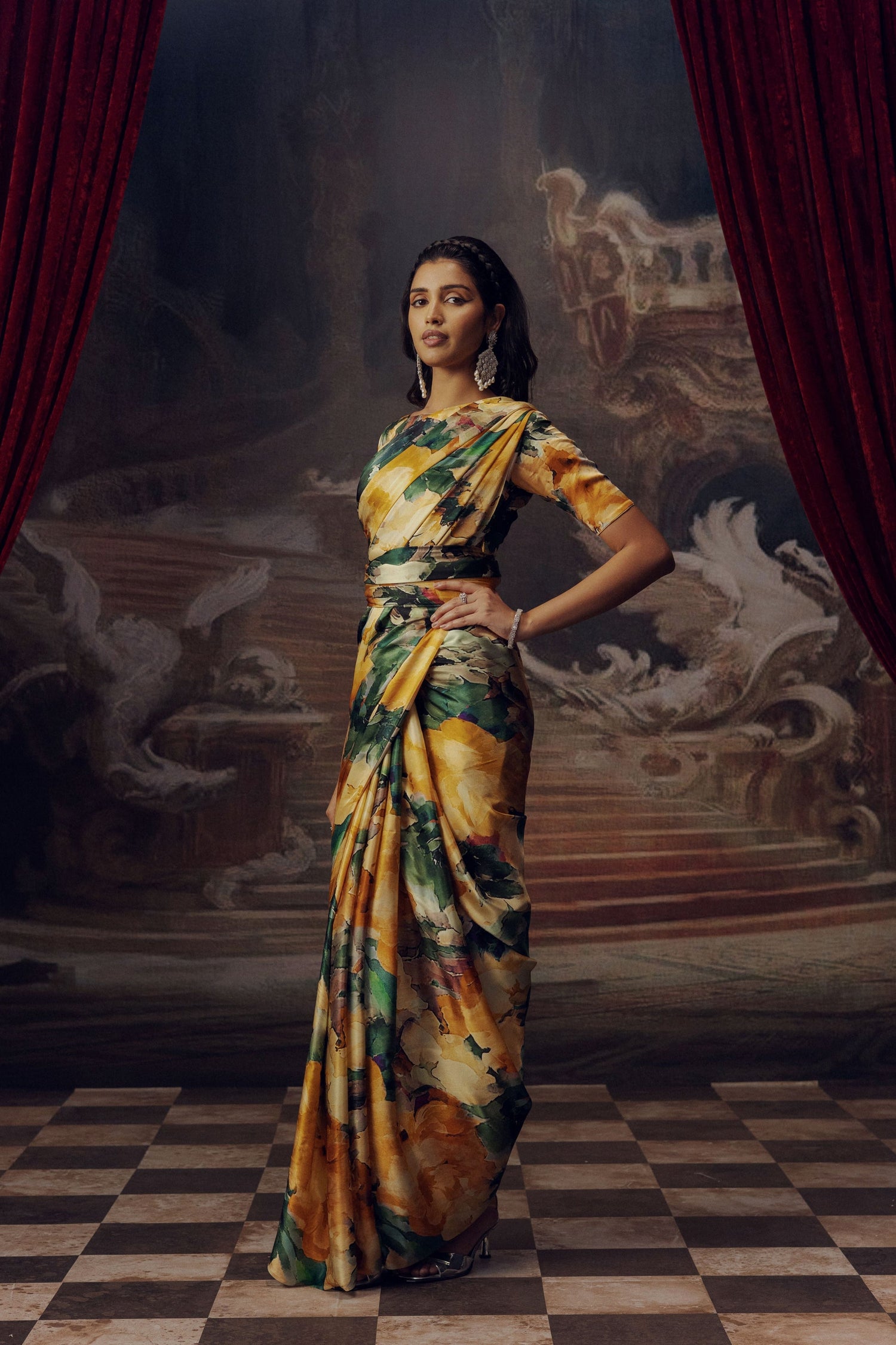 Ruby Apricot Satin Silk Cocktail Saree Online at Premvastra