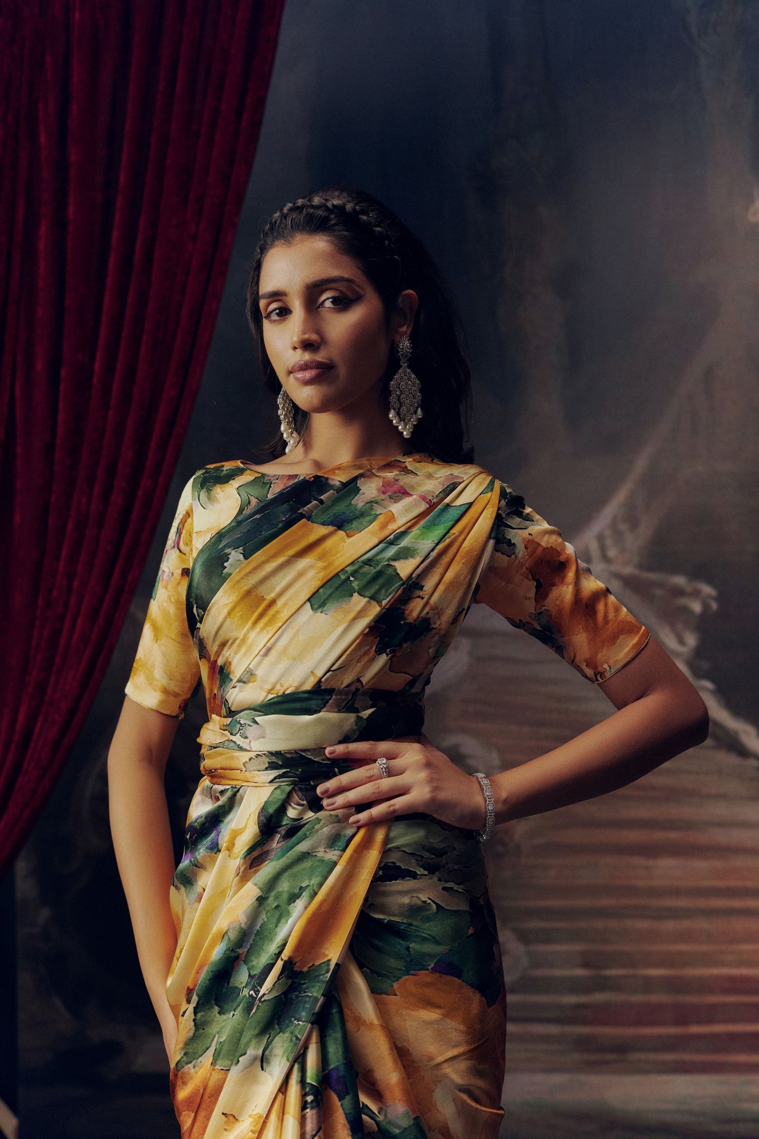 Ruby Apricot Satin Silk Cocktail Saree Online at Premvastra