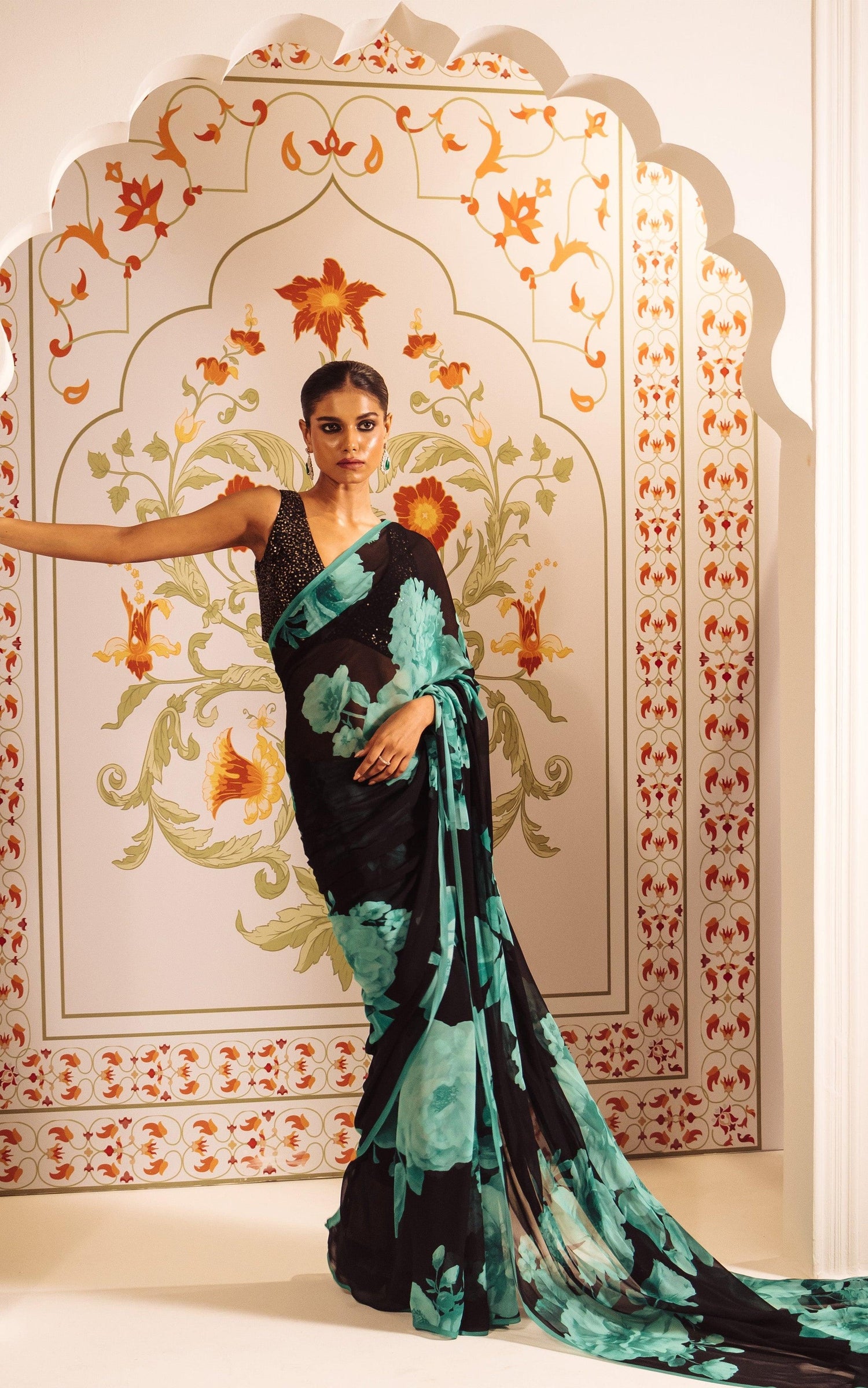 Buy Ila Teal Satin Silk Saree Online in India