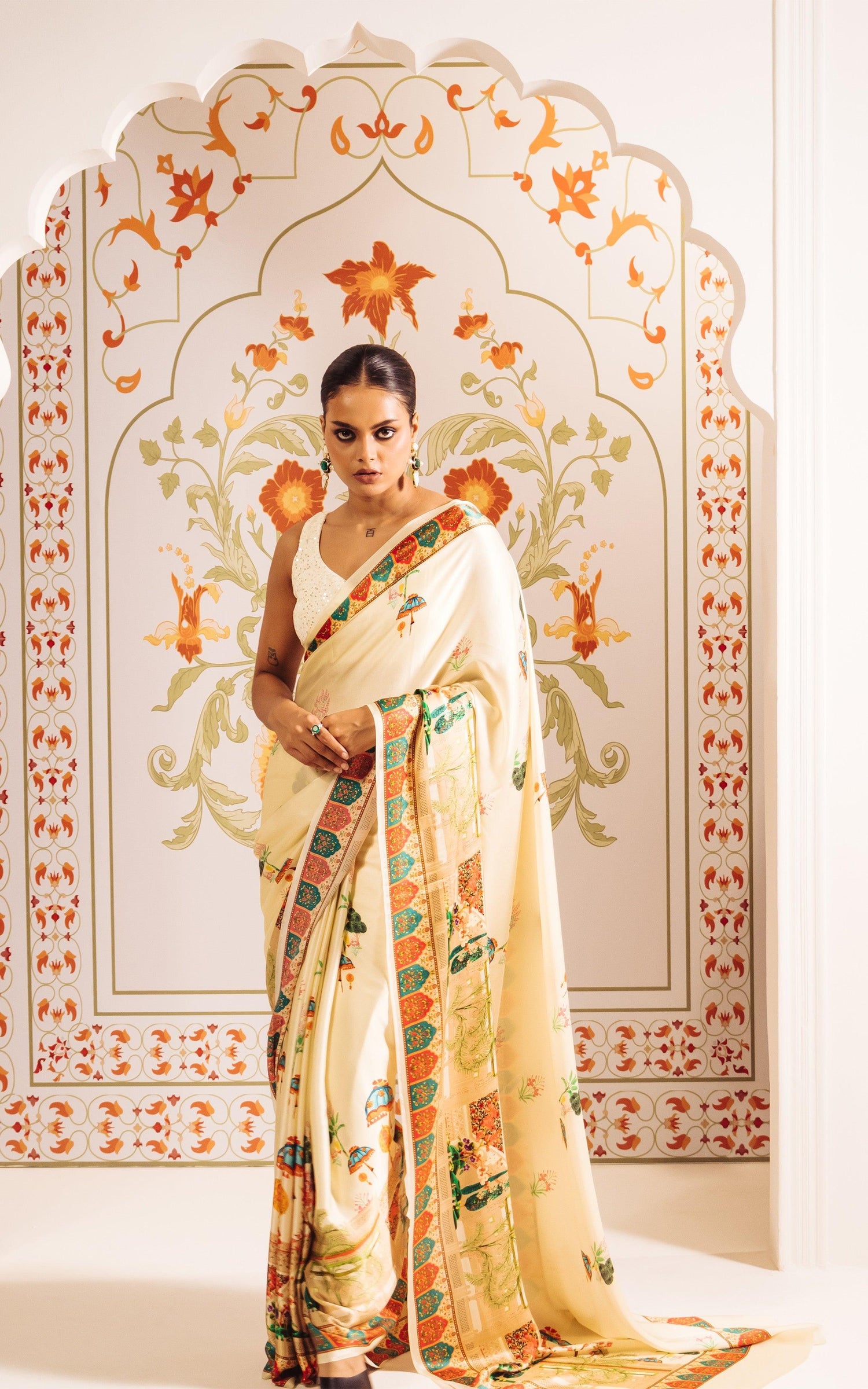 Buy Leela White Satin Silk Saree Online at Premvastra