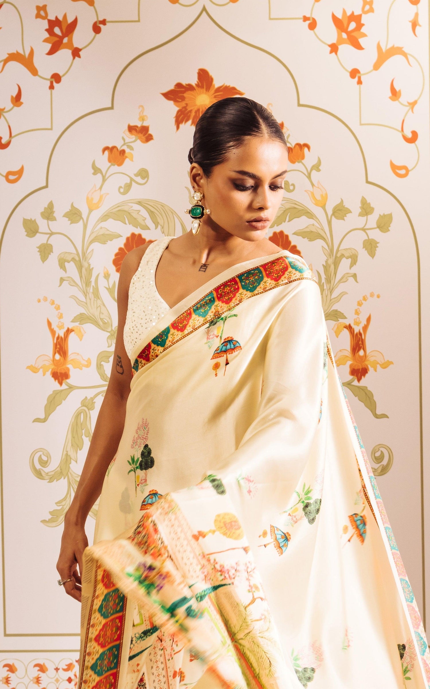 Buy Leela White Satin Silk Saree Online at Premvastra
