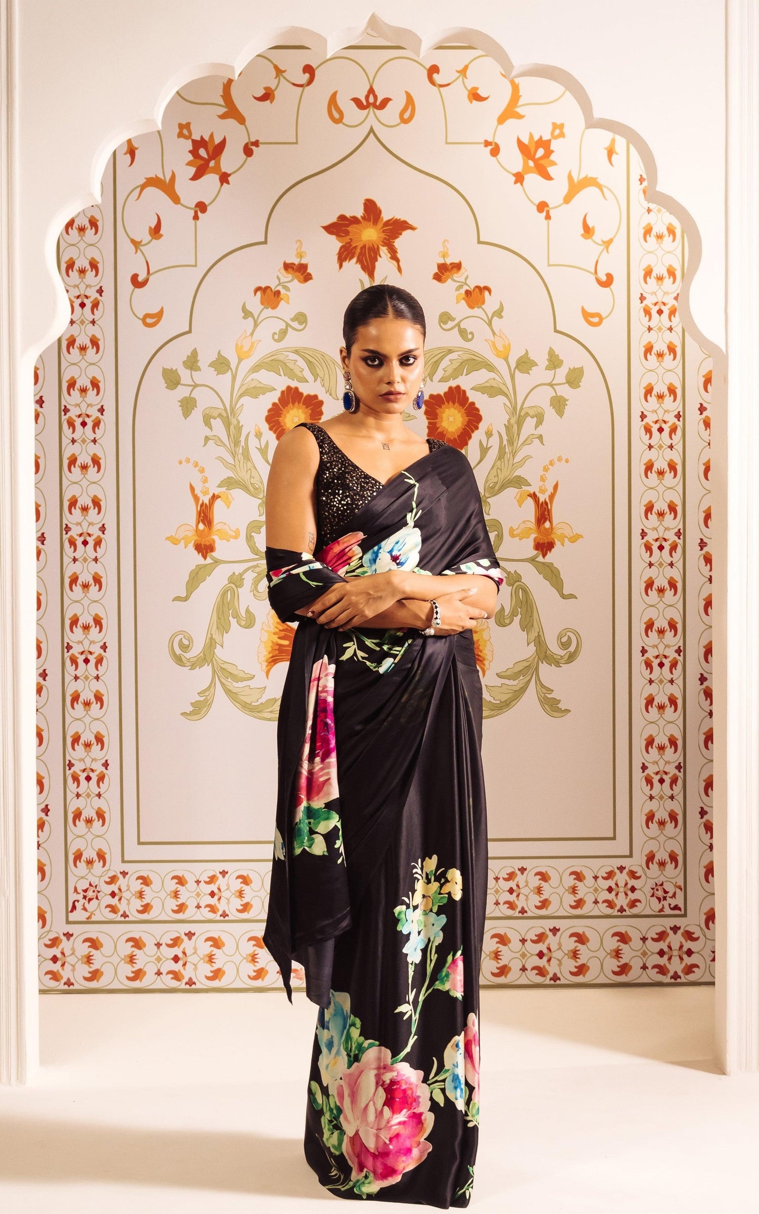 Buy The Shyla Saree Black Satin Silk Online