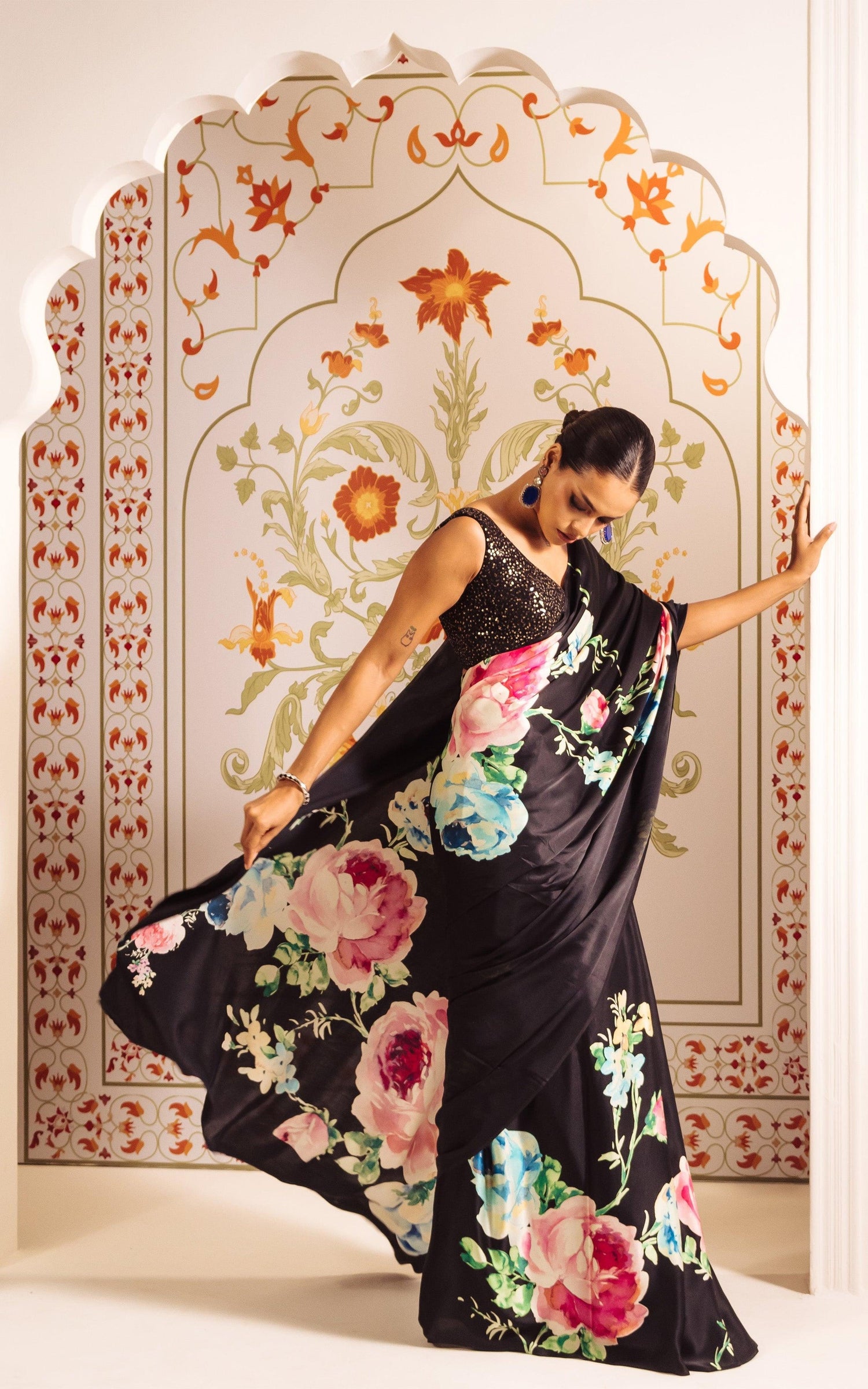 Buy The Shyla Saree Black Satin Silk Online