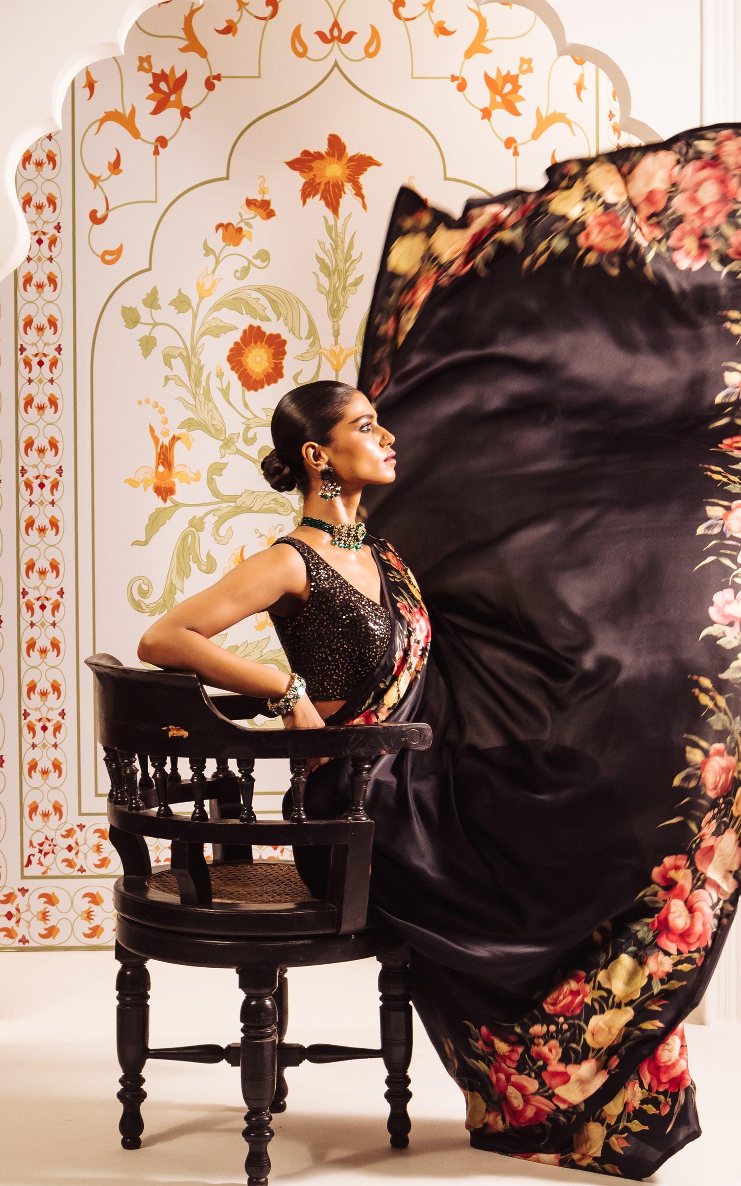 Buy Uma Black Satin Silk Saree with Floral Borders | Premvastra