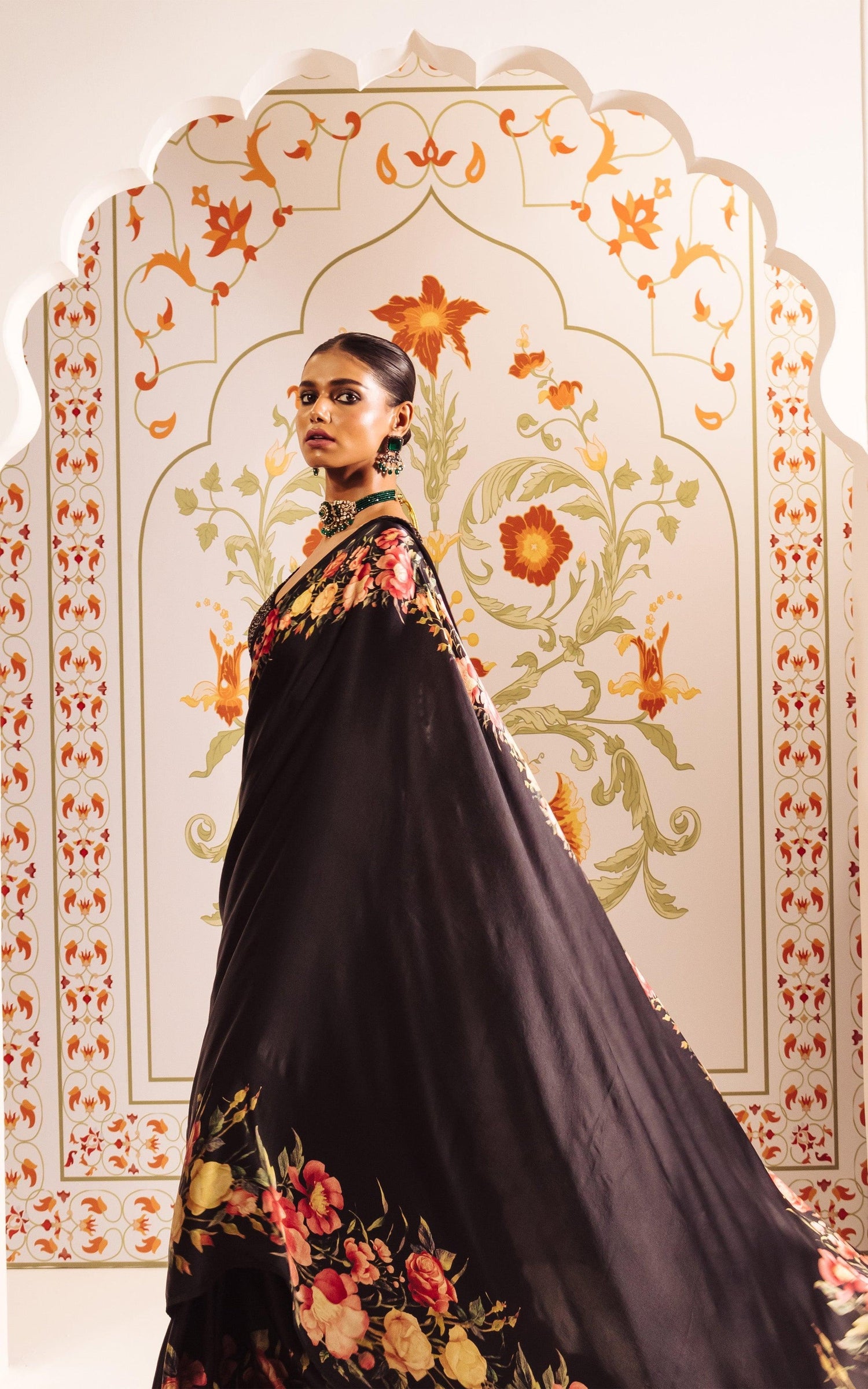 Buy Uma Black Satin Silk Saree with Floral Borders | Premvastra