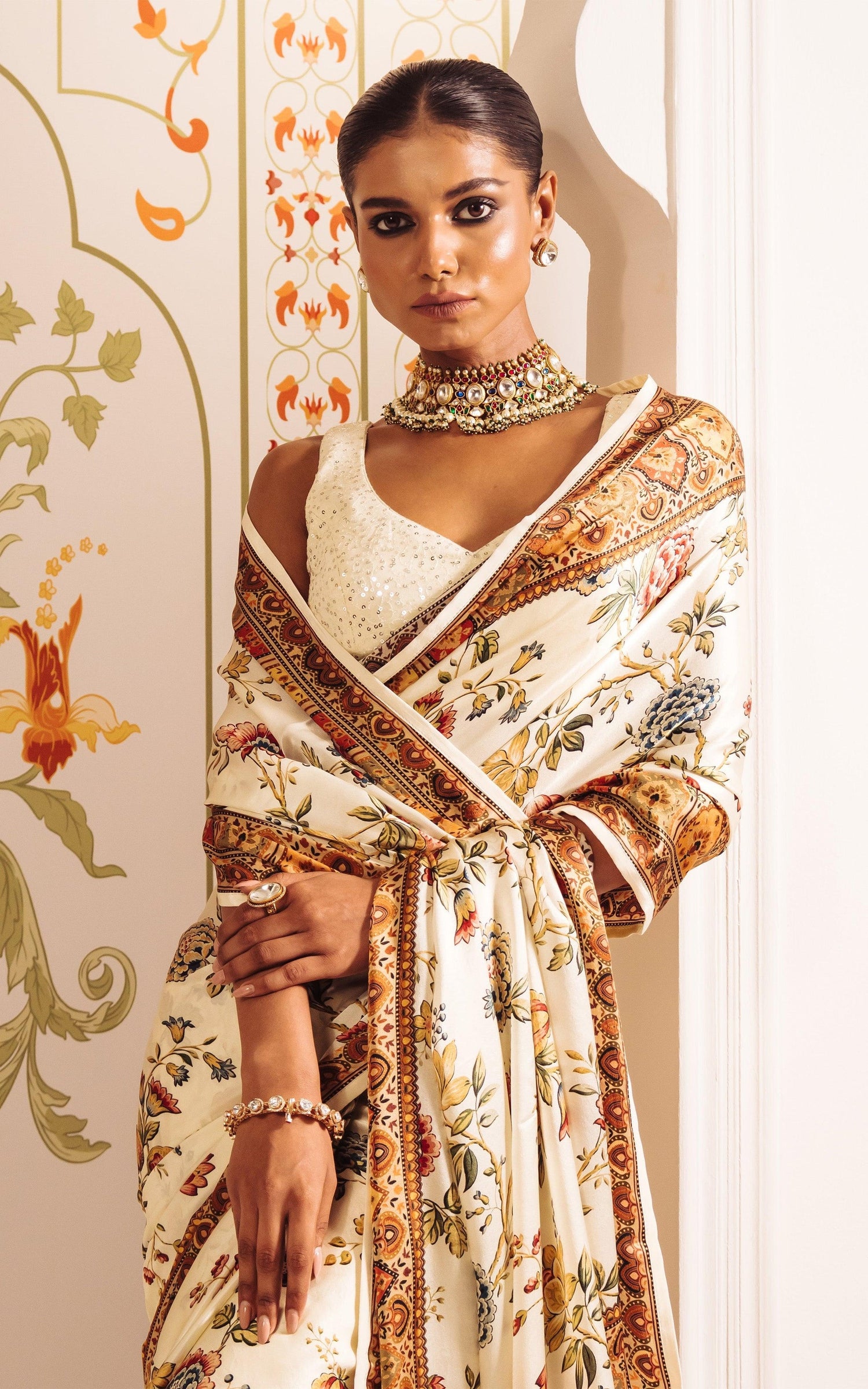 Buy Zoya White Satin Silk Saree Online in India | Premvastra