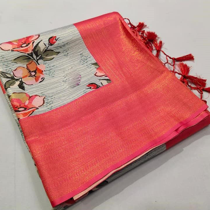 GREY AND PINK GRAND PALLU PURE SOFT SILK KANCHI SAREE