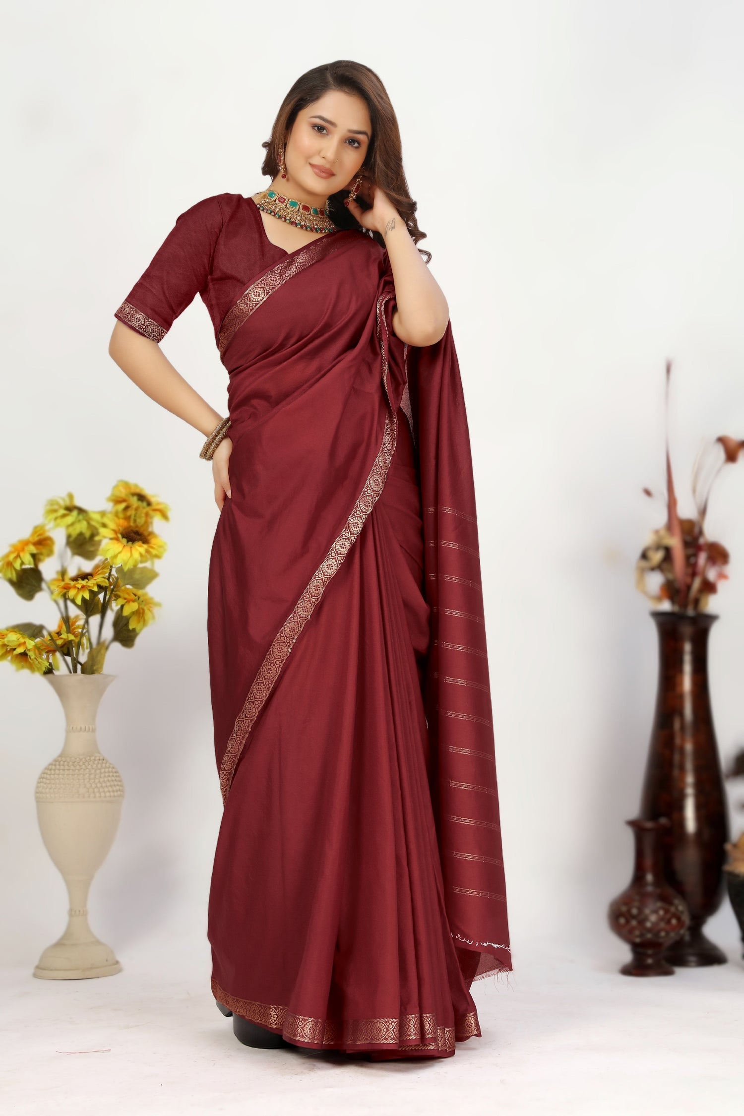 Fancy Plain Mysore Silk Saree With Ethnic Look