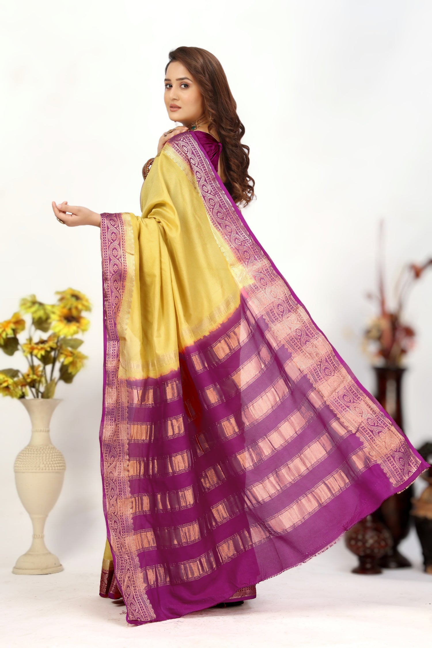 Classic Plain Fancy Saree In Mysore Crepe Silk