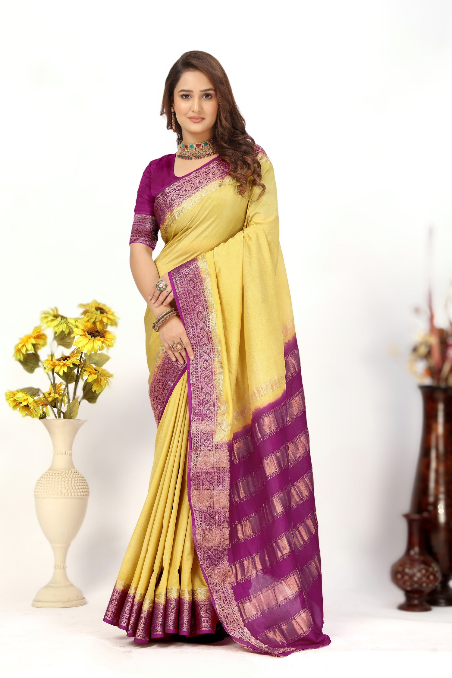 Classic Plain Fancy Saree In Mysore Crepe Silk