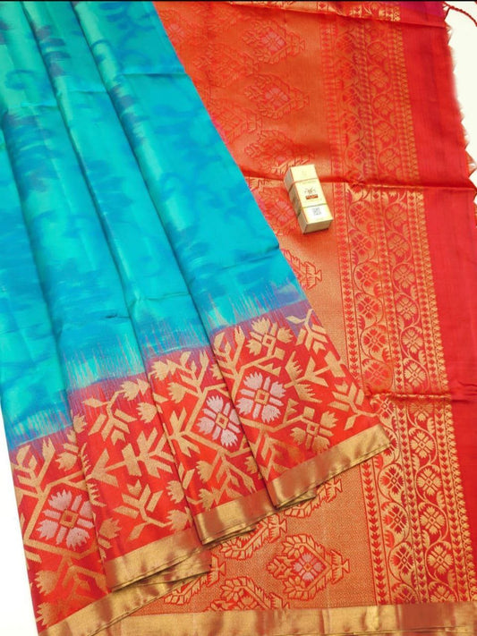 Aqua & Tangerine Orange Ikkat Elegance Handloom Soft Silk Saree