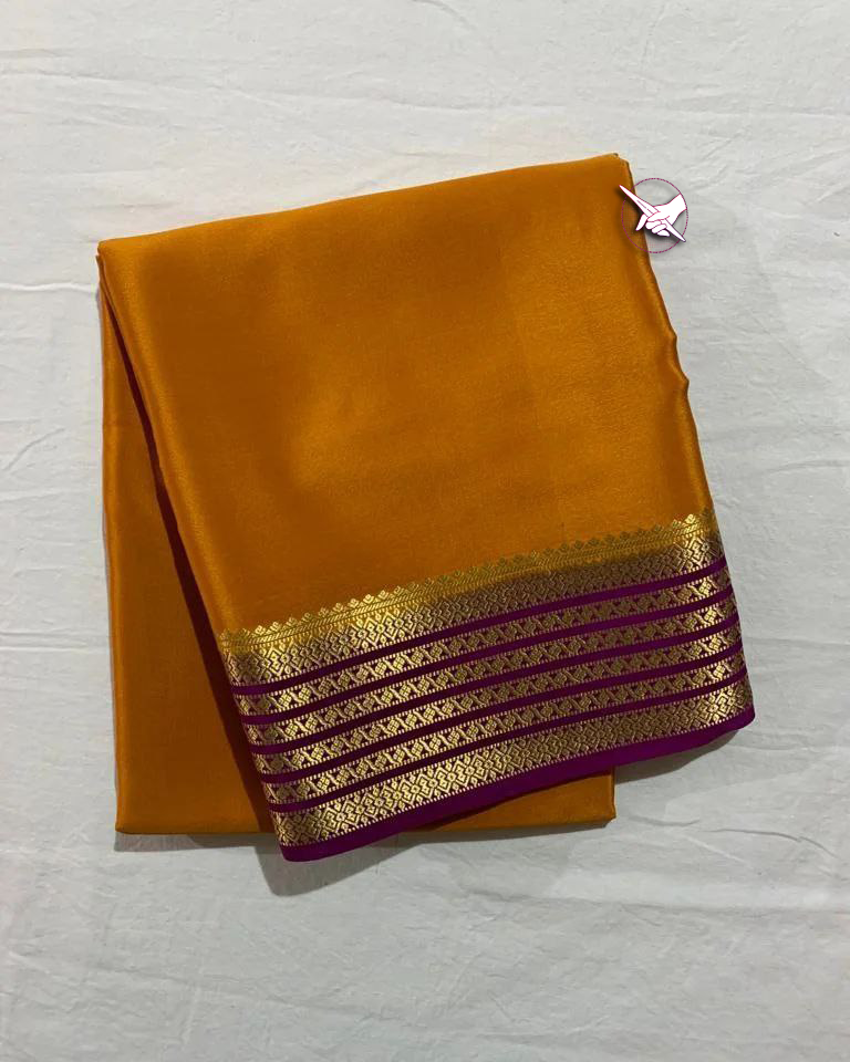 🥰 Exclusive  Zari Border Orange nd Purple  Colour Plain Mysore Silk Saree.🥰