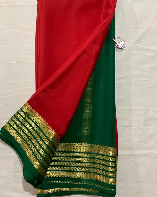 🥰 Floral Zari Border Red nd Green Colour Plain Mysore Silk Saree.🥰