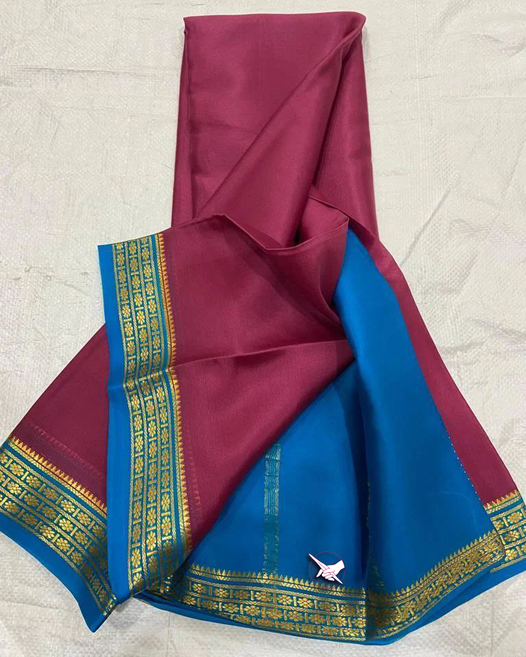 Lustrous Purple And Blue Mysore Silk Saree In Plain Finish With Zari Edging