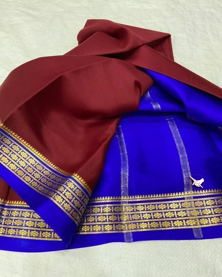 Plain Red And Blue Traditional Mysore Silk Saree With Woven Zari Border