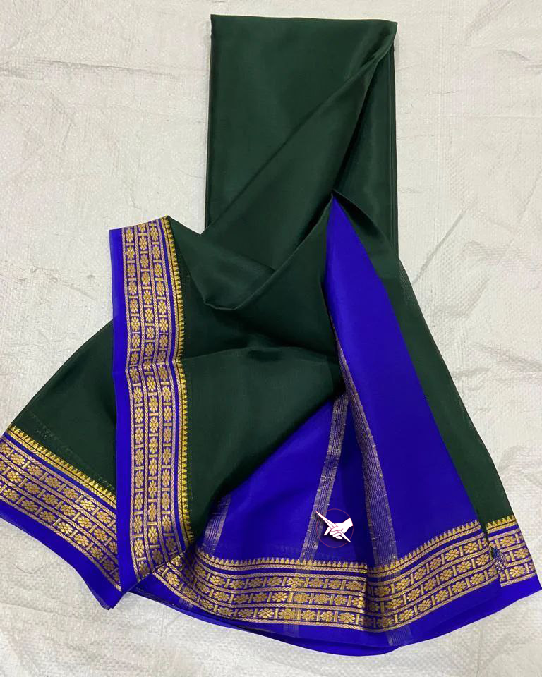 Pure Green And Blue Plain Mysore Silk Saree With Lustrous Zari Work