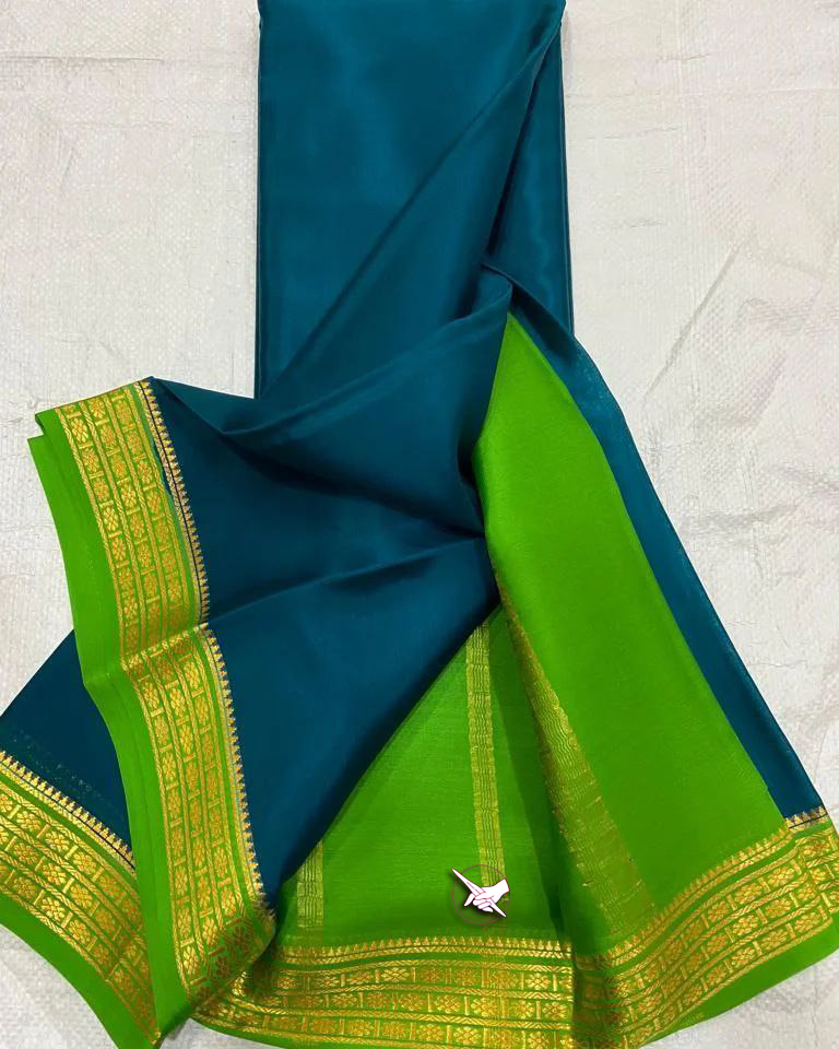 Festive Wear Rama And Green Zari Border Soft Silk Saree And Blouse Combo