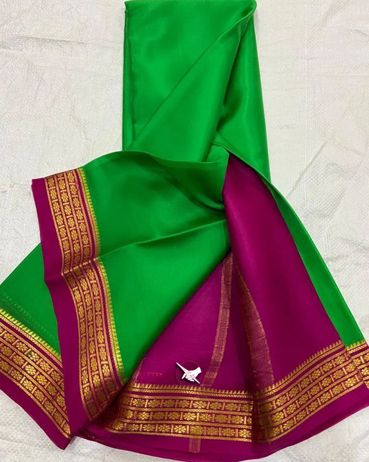 🥰 Exclusive Zari Border Pink nd Green Plain Mysore Silk Saree.🥰