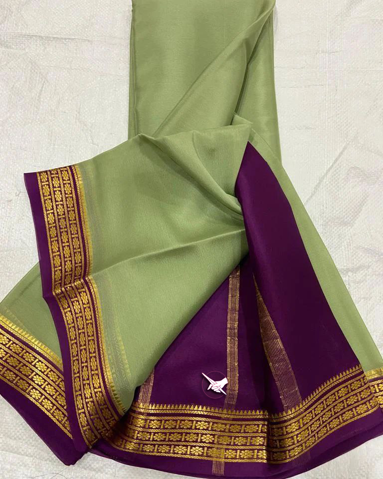 🥰 Exclusive Zari Border Pista nd Wine Plain Mysore Silk Saree.🥰