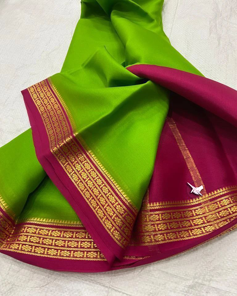 🥰 Exclusive  Zari Border Light Green nd Pink Plain Mysore Silk Saree.🥰