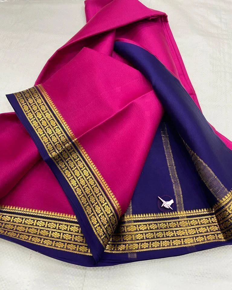 🥰 Exclusive Zari Border Nevy blue nd Pink Plain Mysore Silk Saree.🥰