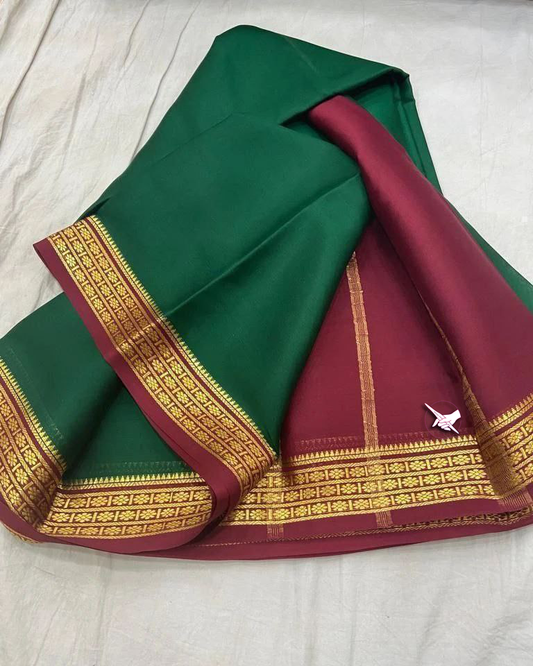 🥰 Exclusive Zari Border Bottal Green nd Marun Plain Mysore Silk Saree.🥰