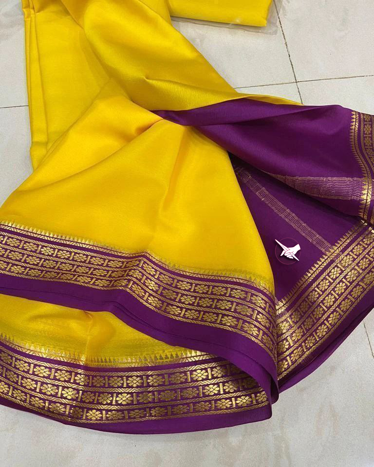 🥰 Exclusive Zari Border Yellow nd Purple Colour Semi Mysore Silk Saree.🥰