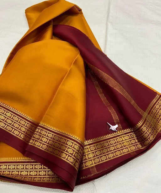 Exclusive Zari Border Yellow & Maroon combination Colour Semi Mysore Silk Saree