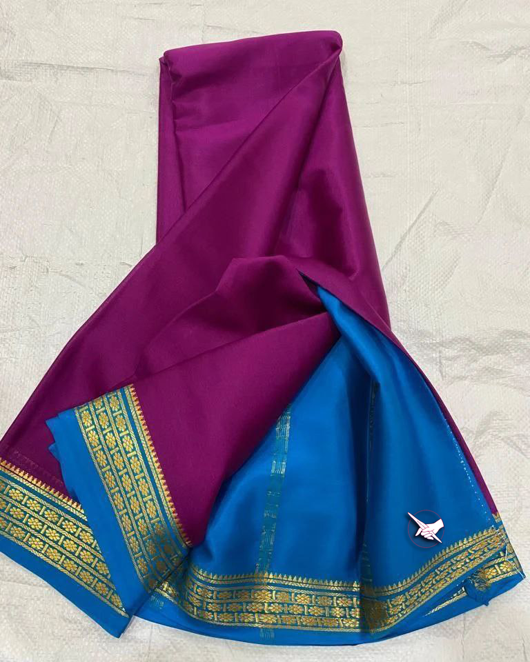 Elegant Traditional Wine And Light Blue Saree In Mysore Soft Silk With Trendy Blouse