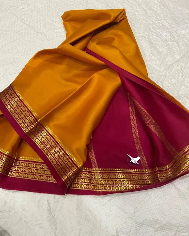 🥰 Exclusive  Zari Border Mustard Nd Marun Colour Semi  Mysore Silk Saree.🥰