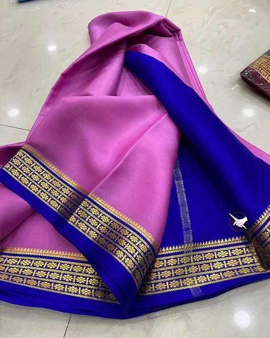 🥰 Floral Zari Border Baby Pink Mysore Silk Saree.🥰