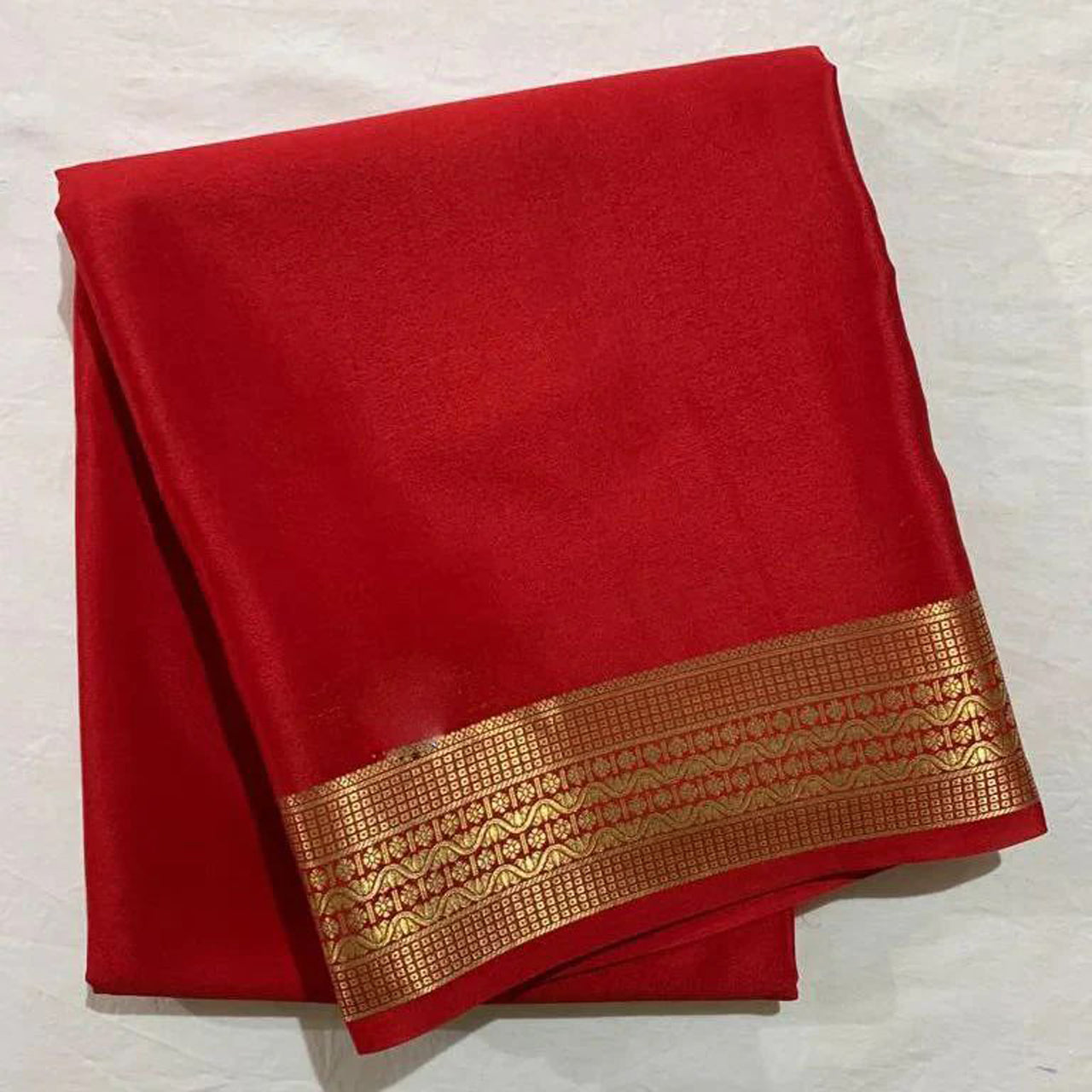 Attractive Red Crepe Silk Weaving Zari Border Saree With Fancy Blouse