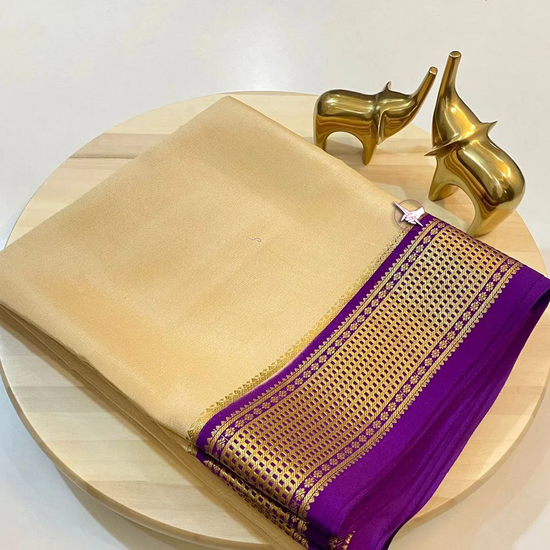 Everyday Elegant Lemon And Purple Soft Mysore Silk Saree With Zari Trim