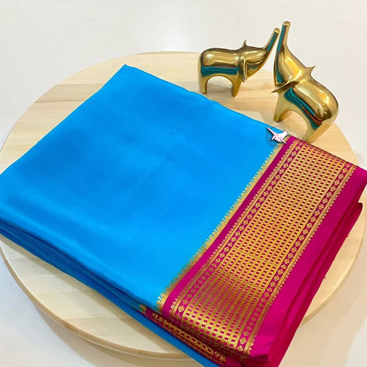 🥰 Exclusive  Zari Border Blue with Pink   Colour Plain Mysore Silk Saree.🥰