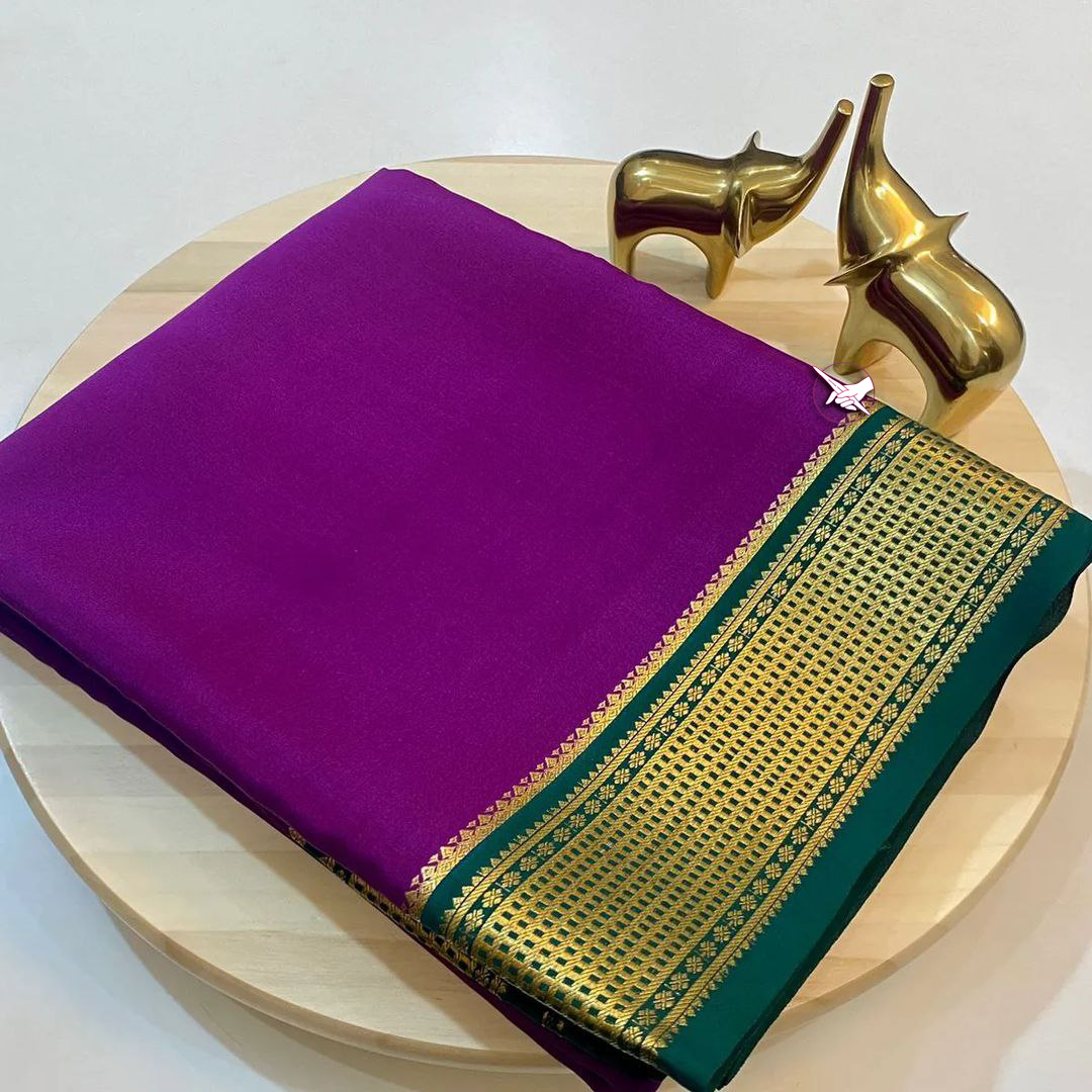 Wedding Wear Purple And Green Mysore Soft Silk Saree With Traditional Zari