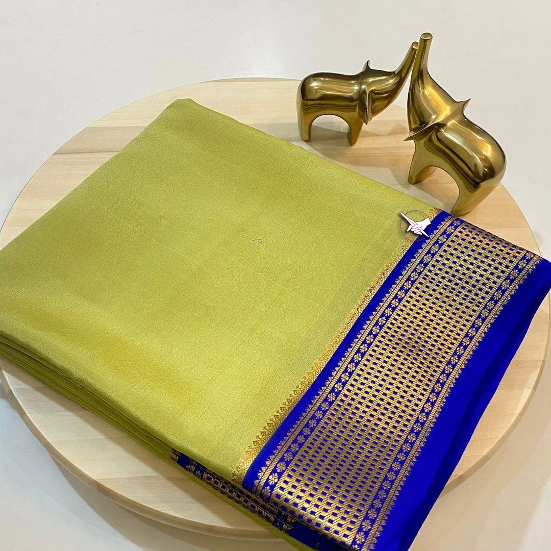 Refined Pista And Blue Mysore Plain Silk Saree Highlighted With Zari Border