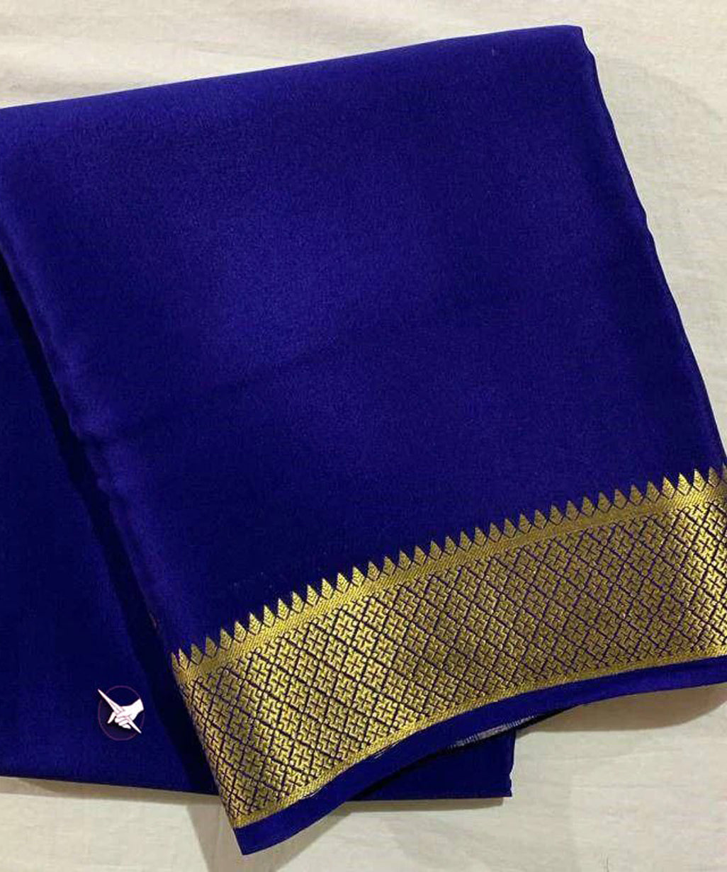 Dark Royal Blue Mysore Crepe Silk Saree