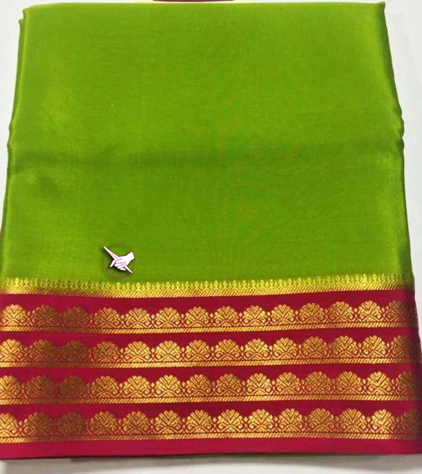 Royal Look Green And Purple Plain Soft Mysore Silk Saree With Copper Zari Border