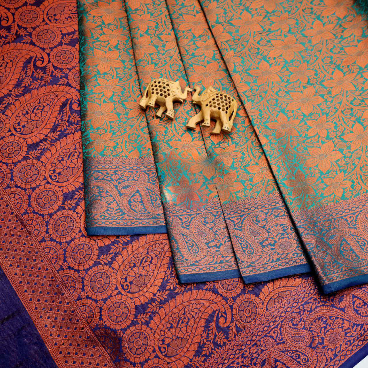 Elegant Cyan Handloom Korvai Silk Bridal Saree With Designer Blouse