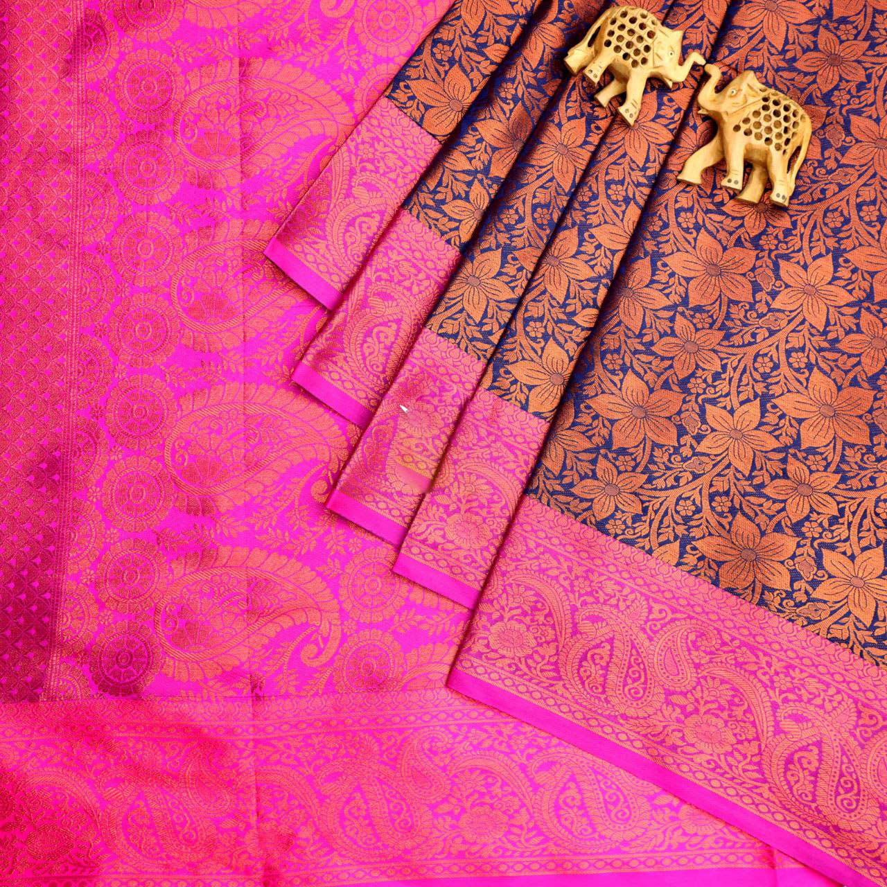 Authentic Navy Blue Korvai Silk Saree For Brides Handloom Weaving Work