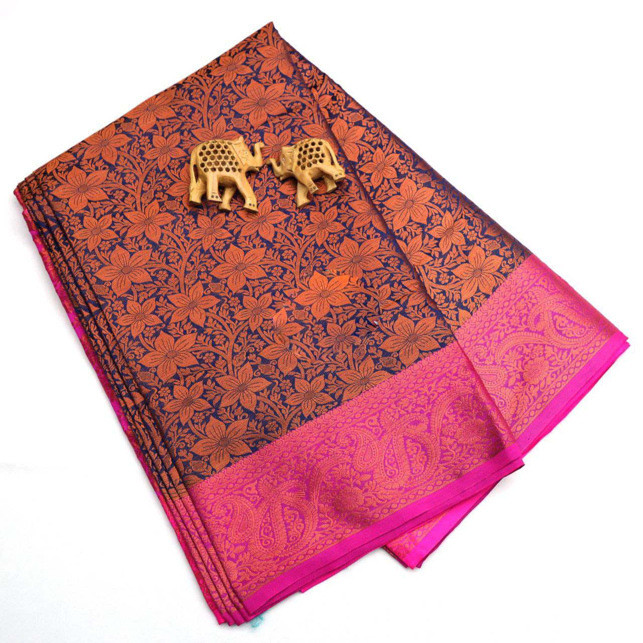 Authentic Navy Blue Korvai Silk Saree For Brides Handloom Weaving Work