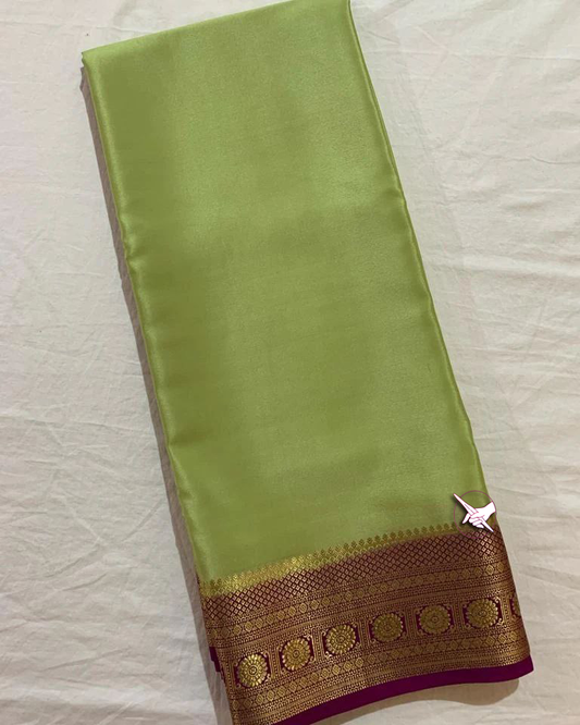 🥰 Exclusive Zari Border Pista-nd-Wine Mysore Silk Saree.🥰